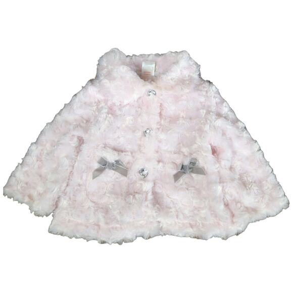 Mini Muffin Pink Faux Fur Jacket 6-9 Months Baby Girl Rosette Coat Satin Bow - Picture 3 of 8